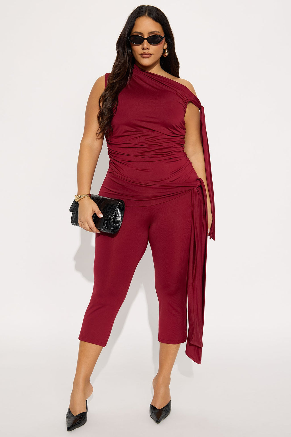 Bella Off Shoulder Top And Capri Set - Wine