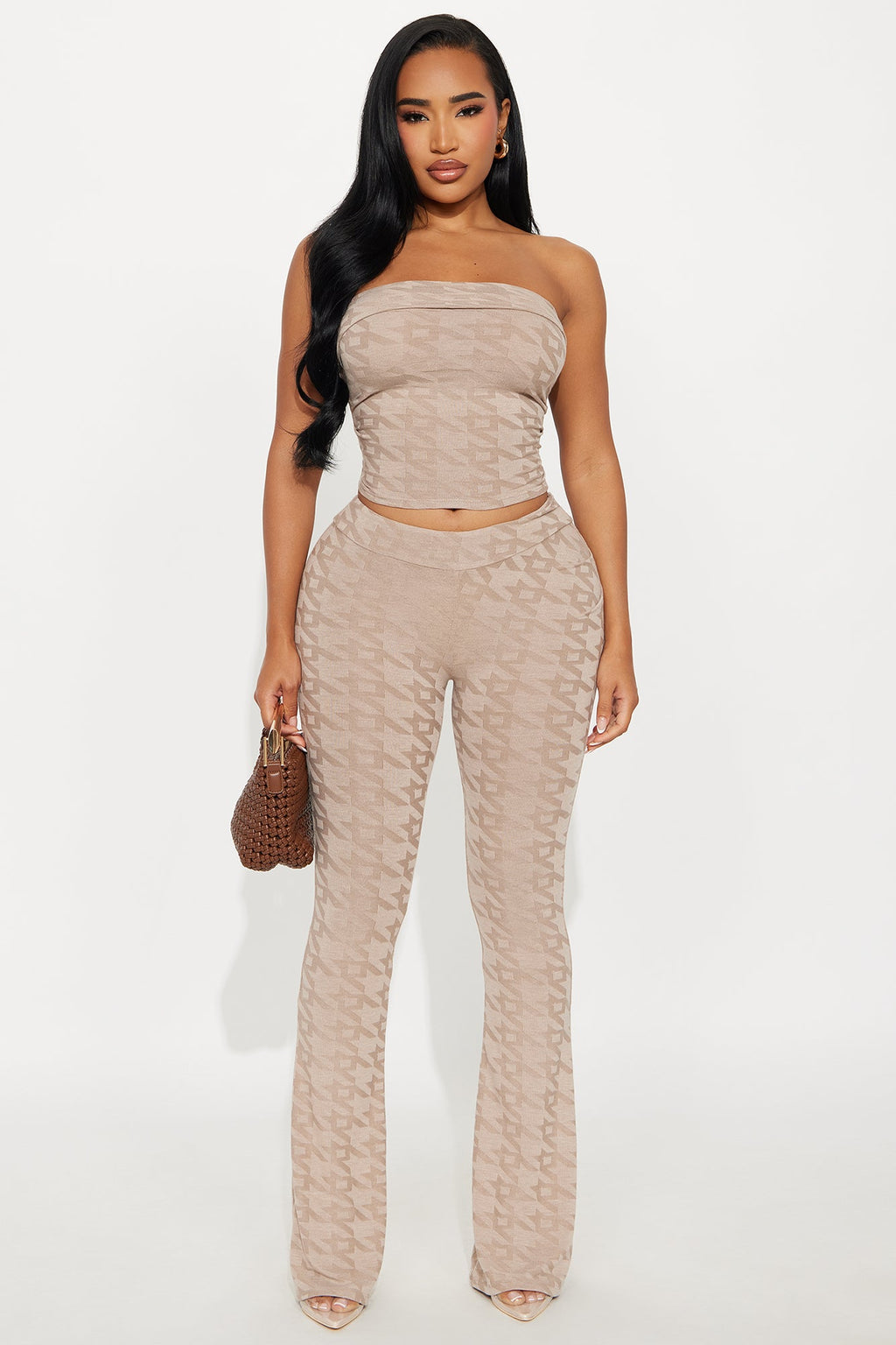 Take A Guess Jacquard Pant Set - Taupe
