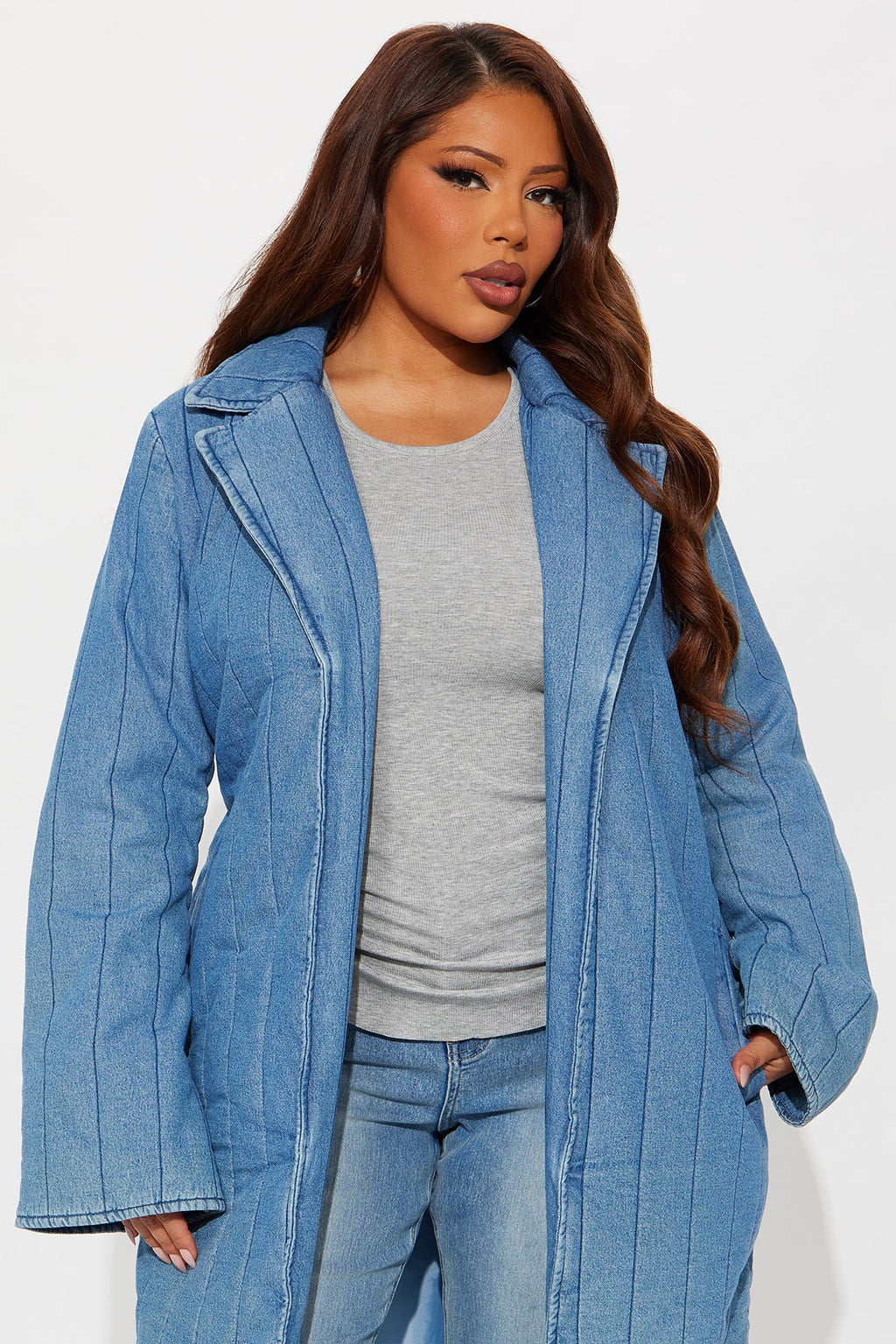 Kiara Quilted Denim Trench - Medium Wash