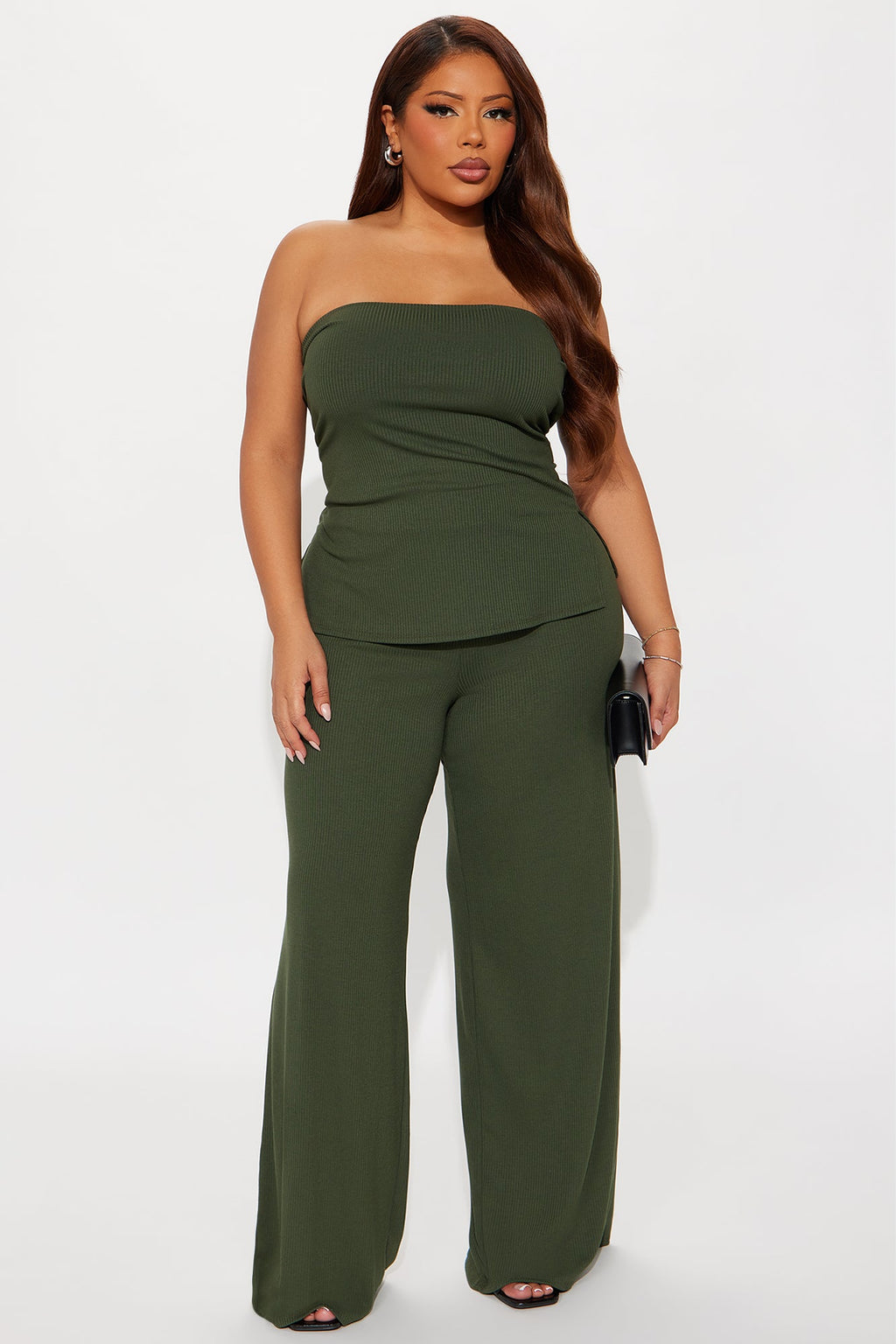 Evelyn Strapless Ribbed Pant Set - Olive