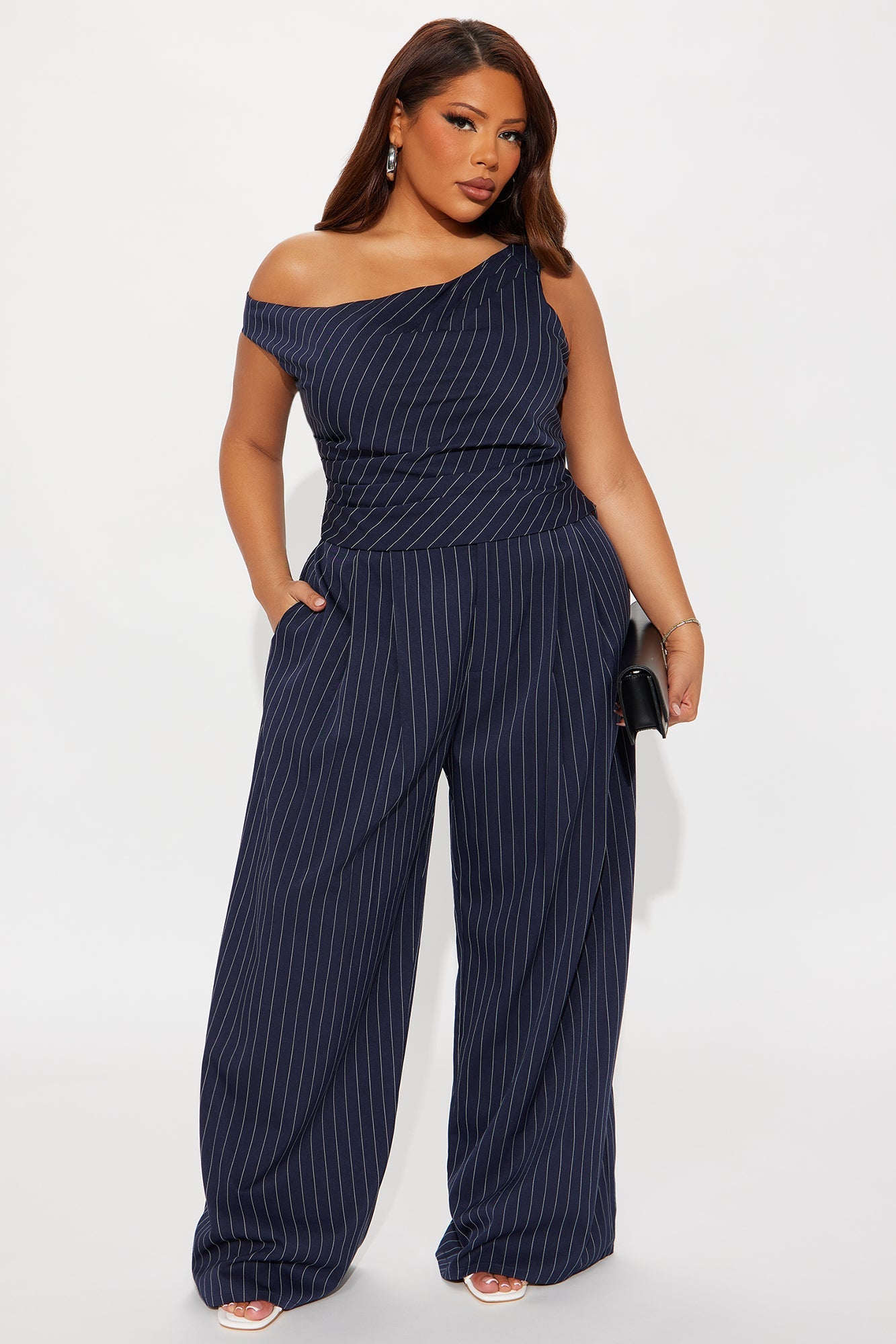 All Business Pinstripe One Shoulder Pant Set - Navy
