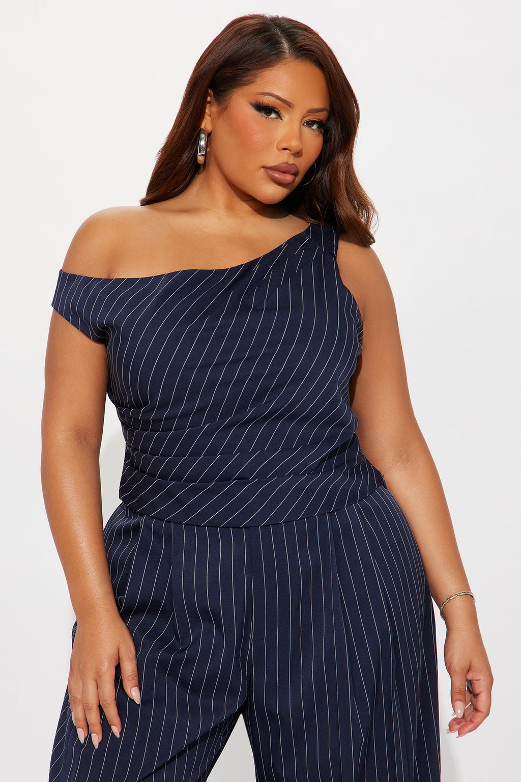 All Business Pinstripe One Shoulder Pant Set - Navy