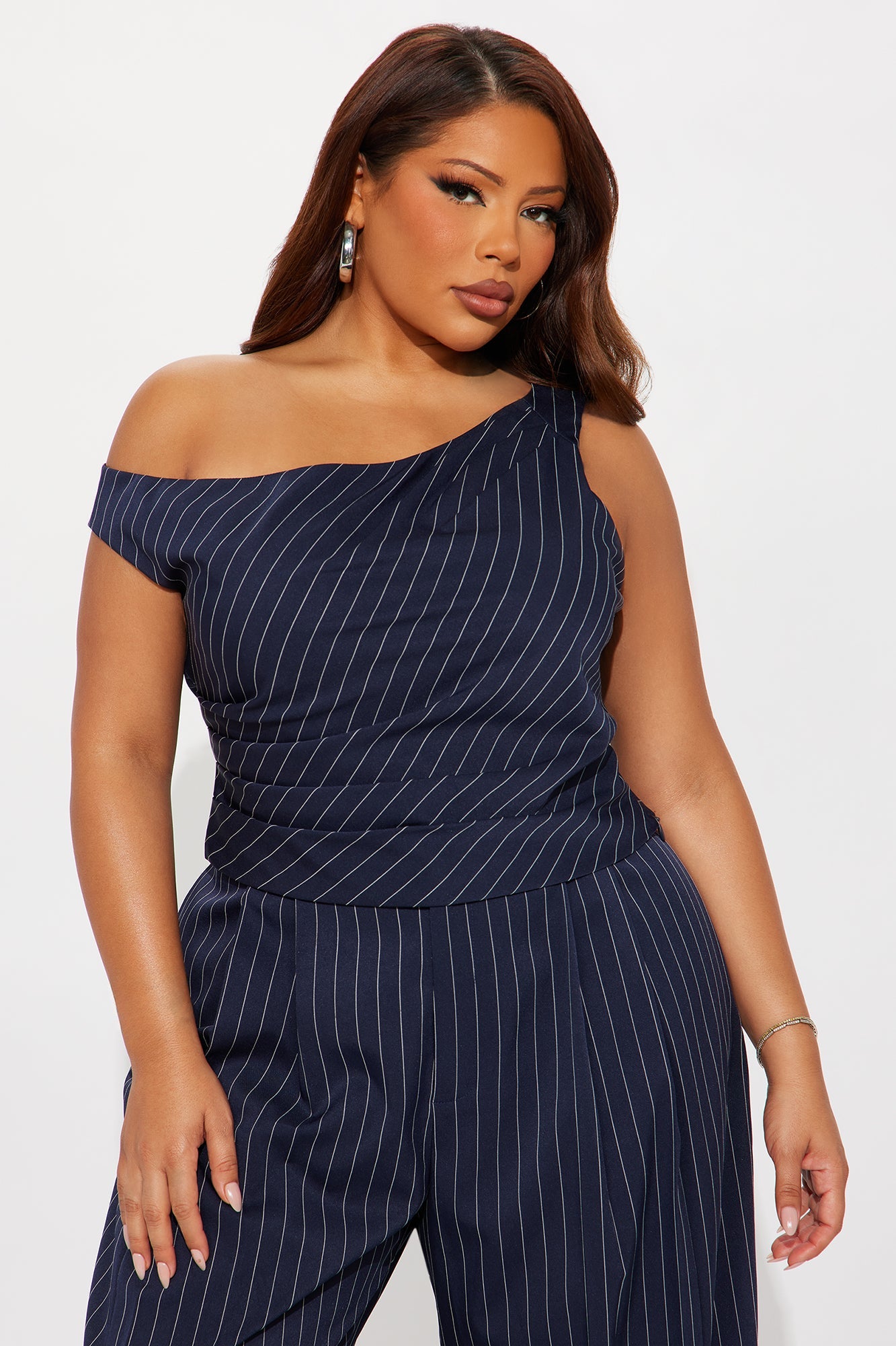 All Business Pinstripe One Shoulder Pant Set - Navy