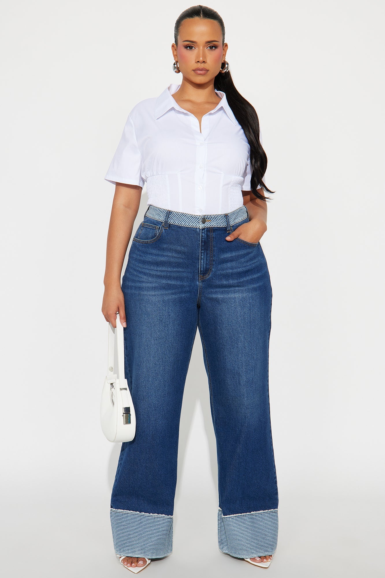 Social Hour Cuffed Wide Leg Jeans - Dark Wash