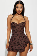Julia Flocked Mini Dress - Chocolate