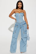 Ciara Denim Pant Set - Light Wash