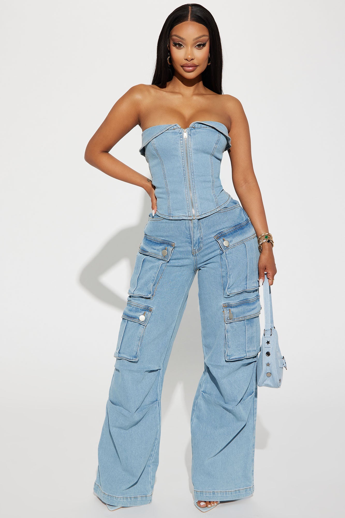 Ciara Denim Pant Set - Light Wash