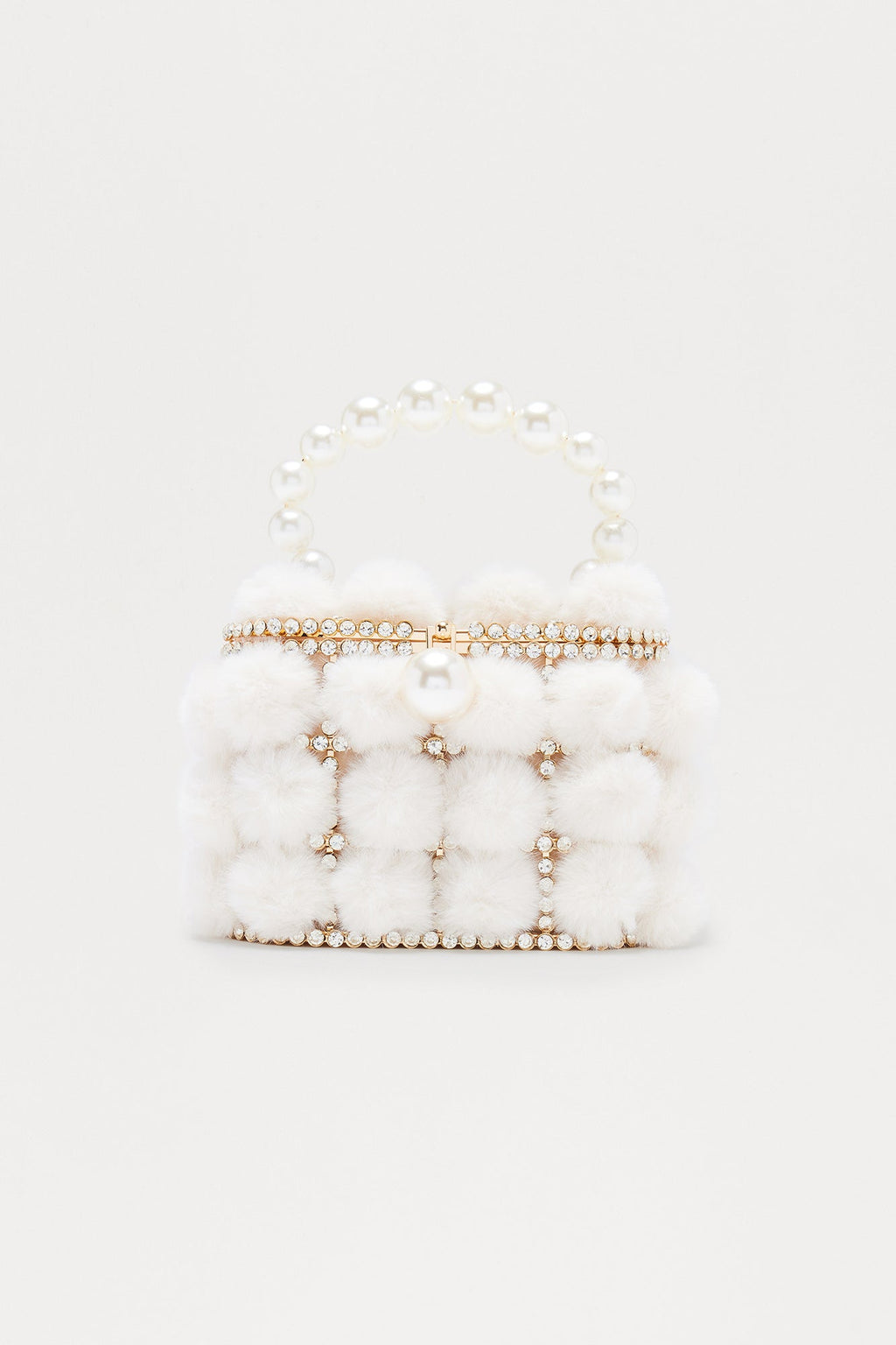 Mode Faux Fur Rhinestone And Pearl Clutch - Ivory