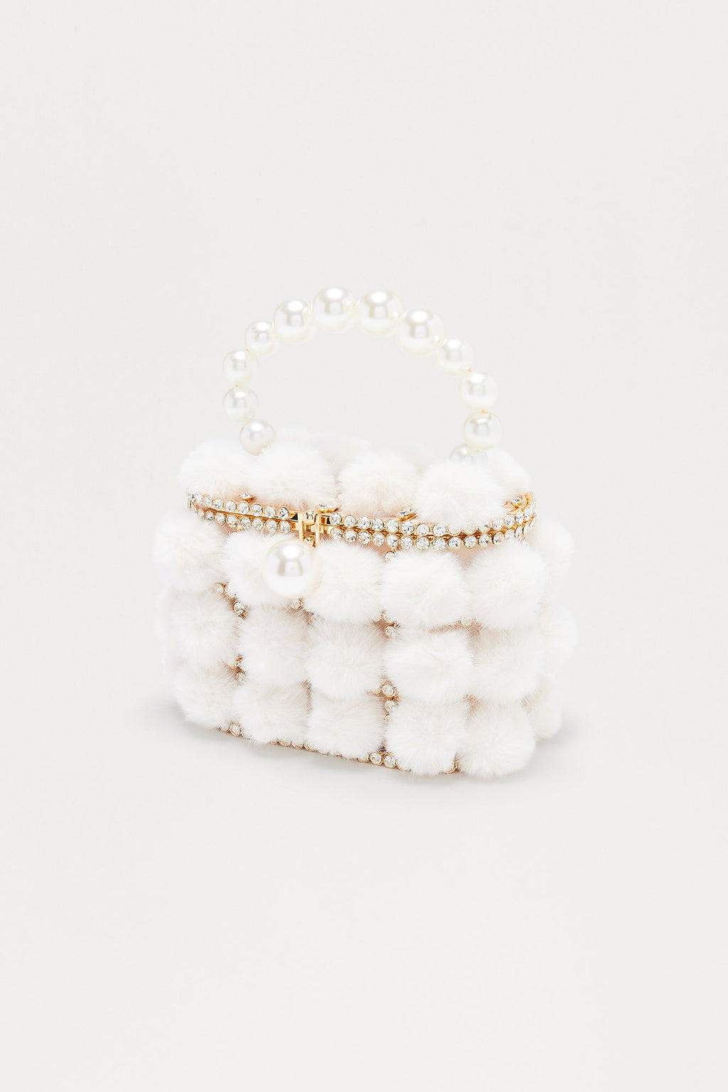 Mode Faux Fur Rhinestone And Pearl Clutch - Ivory
