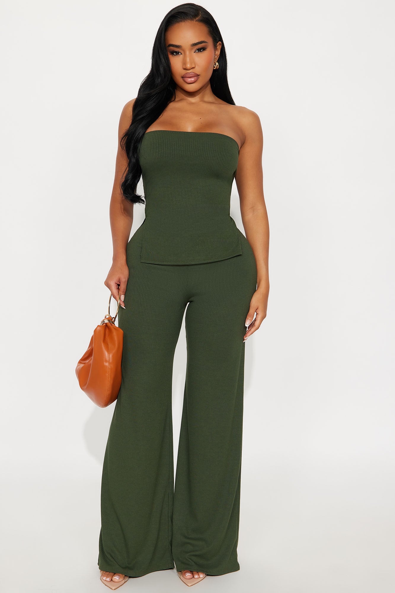 Evelyn Strapless Ribbed Pant Set - Olive