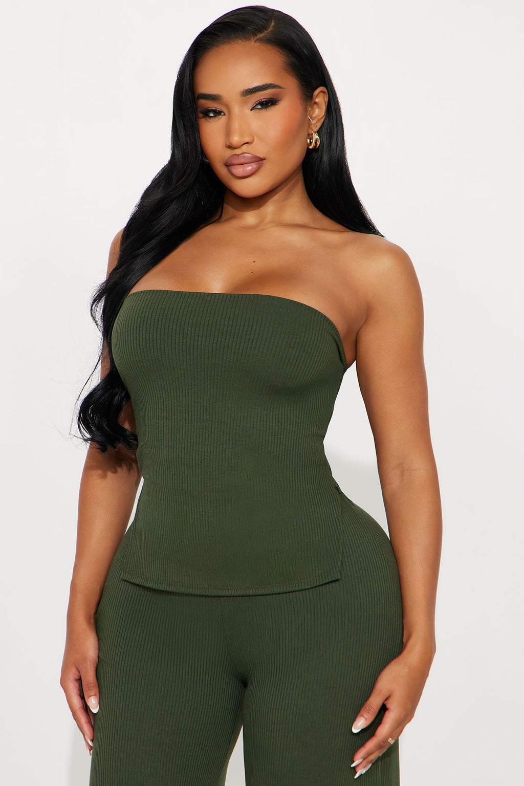 Evelyn Strapless Ribbed Pant Set - Olive