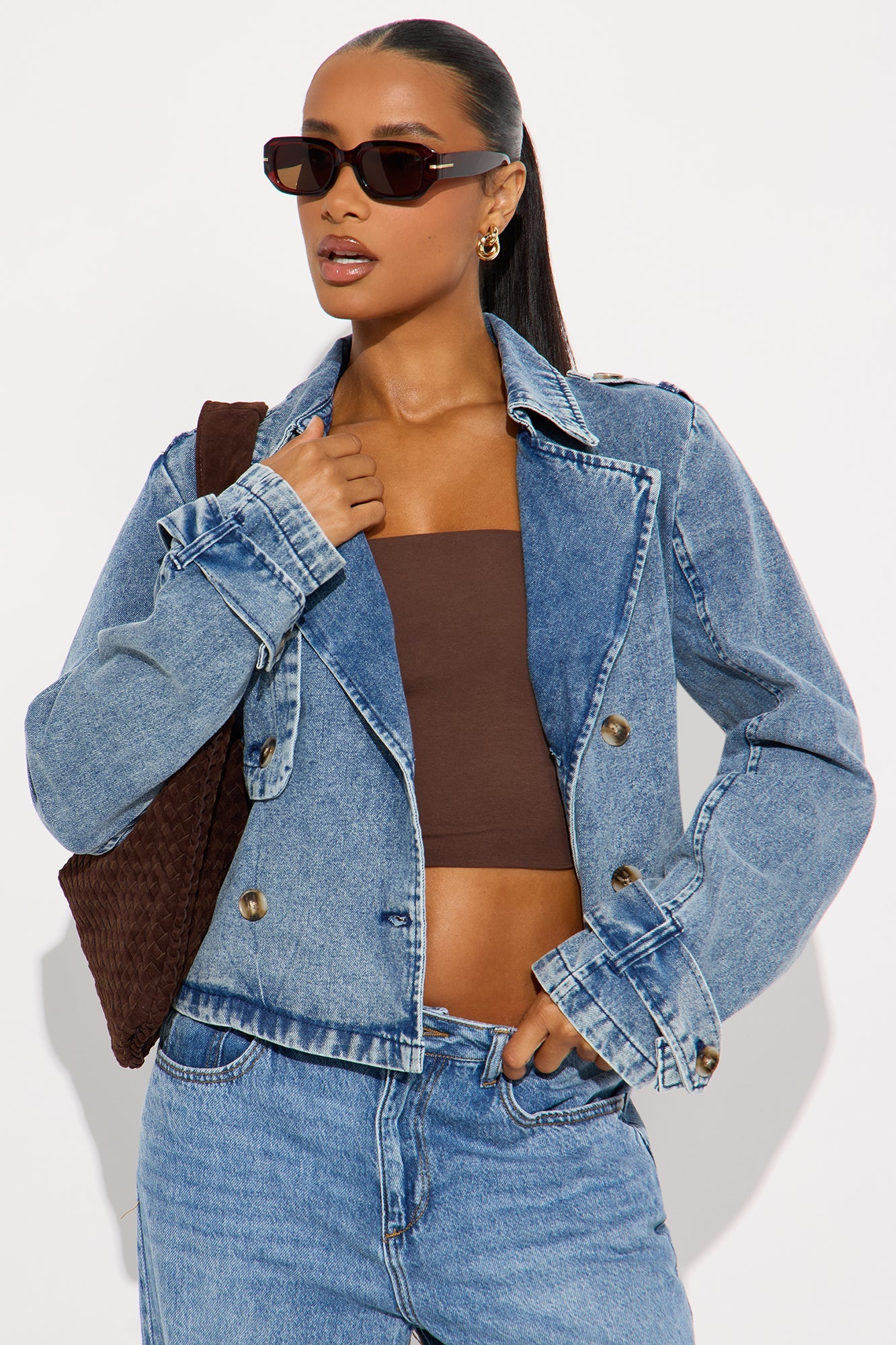Take It Easy Cropped Denim Trench Coat - Medium Wash