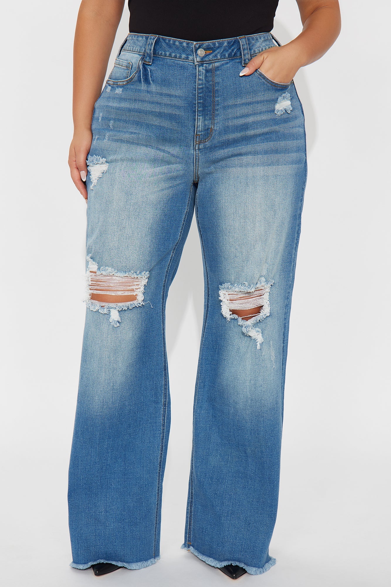 Coldwater Canyon Stretch Ripped Wide Leg Jeans - Medium Wash