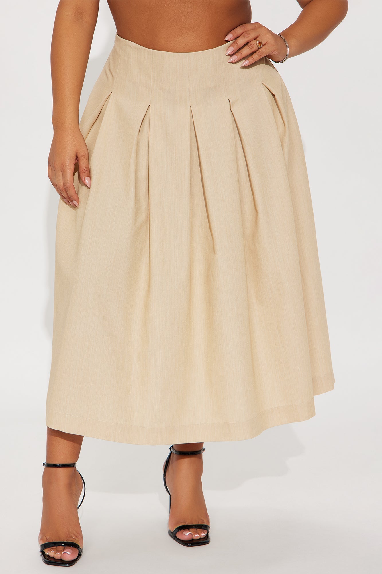 Standing On Business Pleated Midi Skirt - Khaki