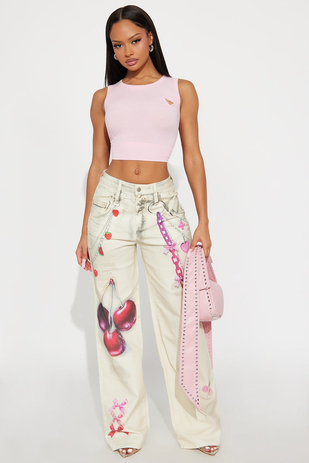 Cherry On Top Printed Wide Leg Jeans - Ivory