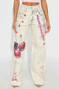 Cherry On Top Printed Wide Leg Jeans - Ivory