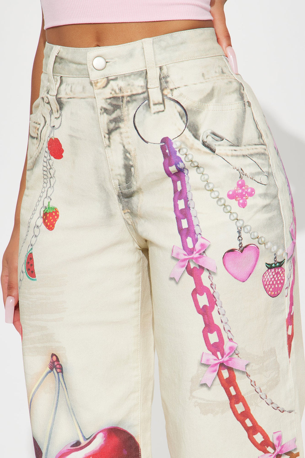 Cherry On Top Printed Wide Leg Jeans - Ivory
