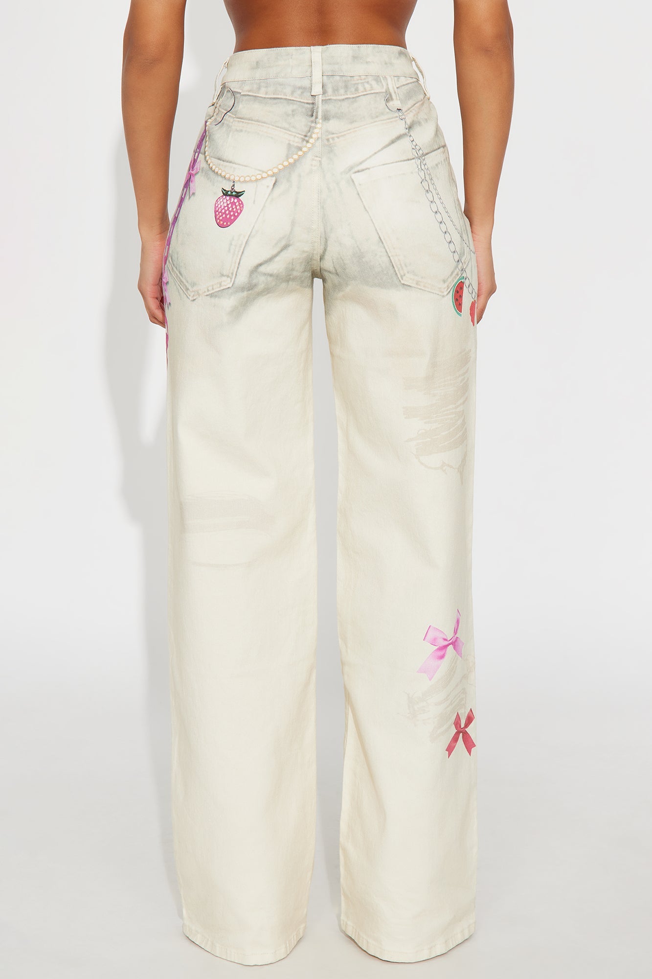 Cherry On Top Printed Wide Leg Jeans - Ivory