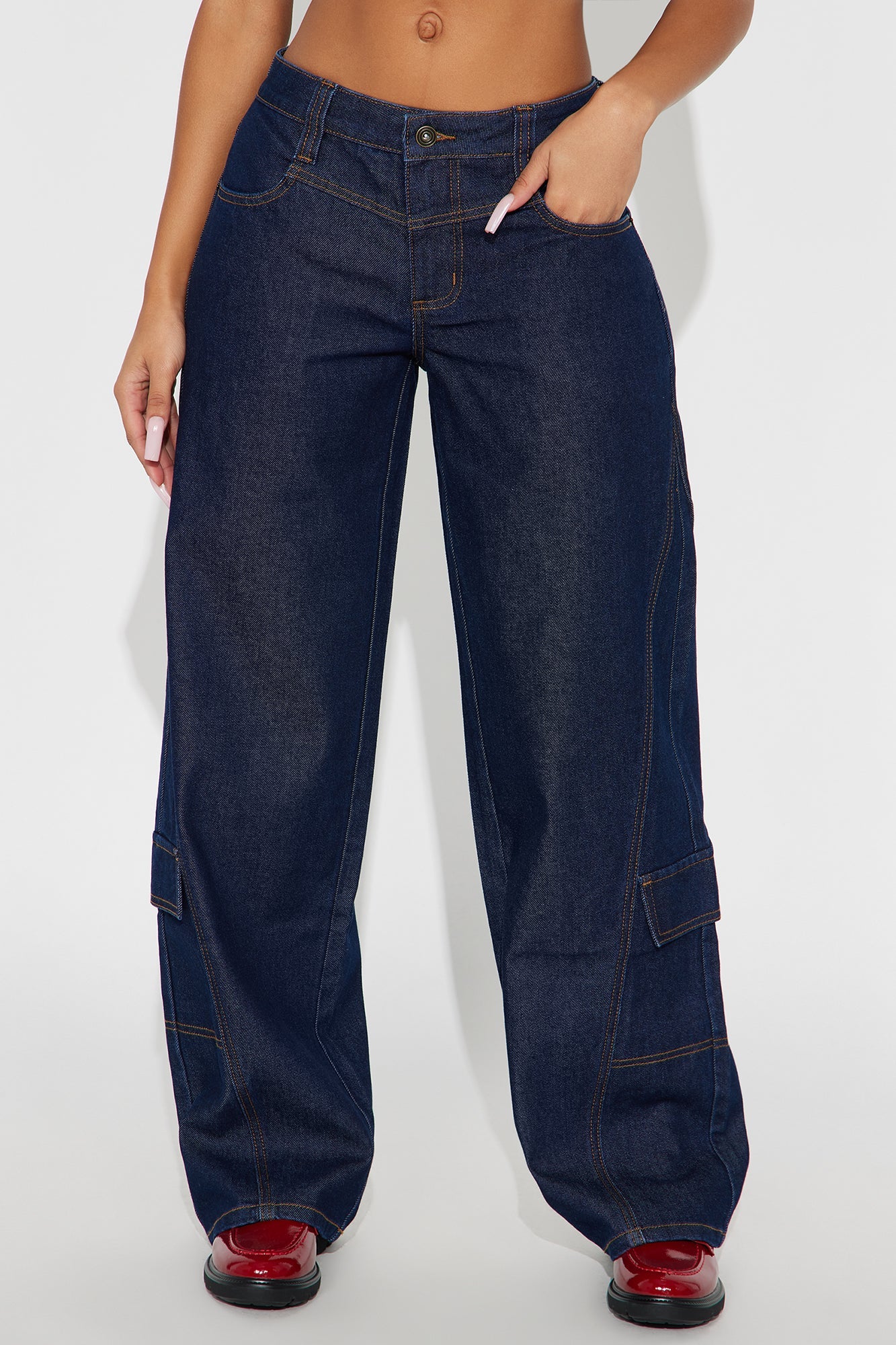 Shadyside Girl Cargo Wide Leg Jeans - Dark Wash