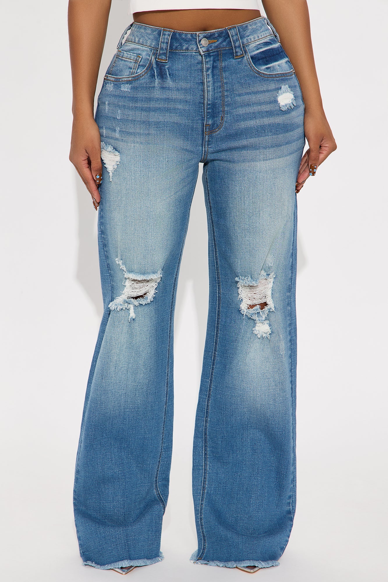 Coldwater Canyon Stretch Ripped Wide Leg Jeans - Medium Wash
