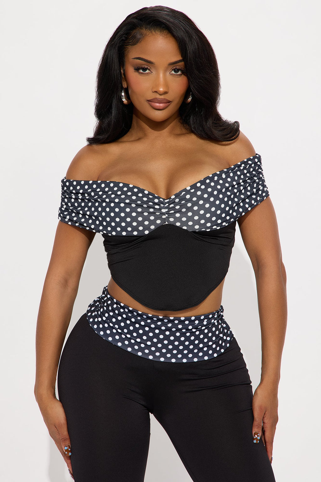 Dolly Off Shoulder Polka Dot Pant Set - Black