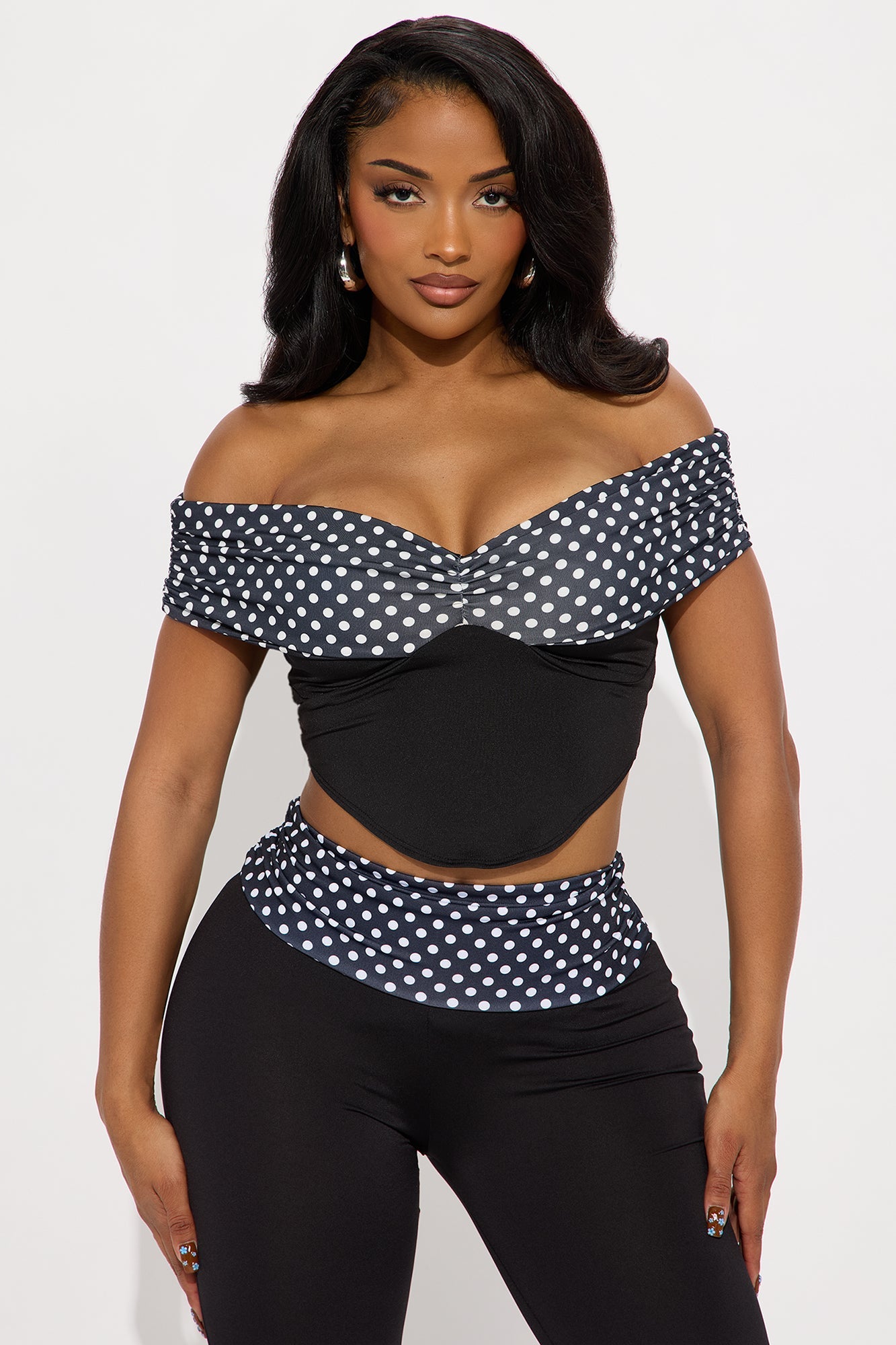 Dolly Off Shoulder Polka Dot Pant Set - Black