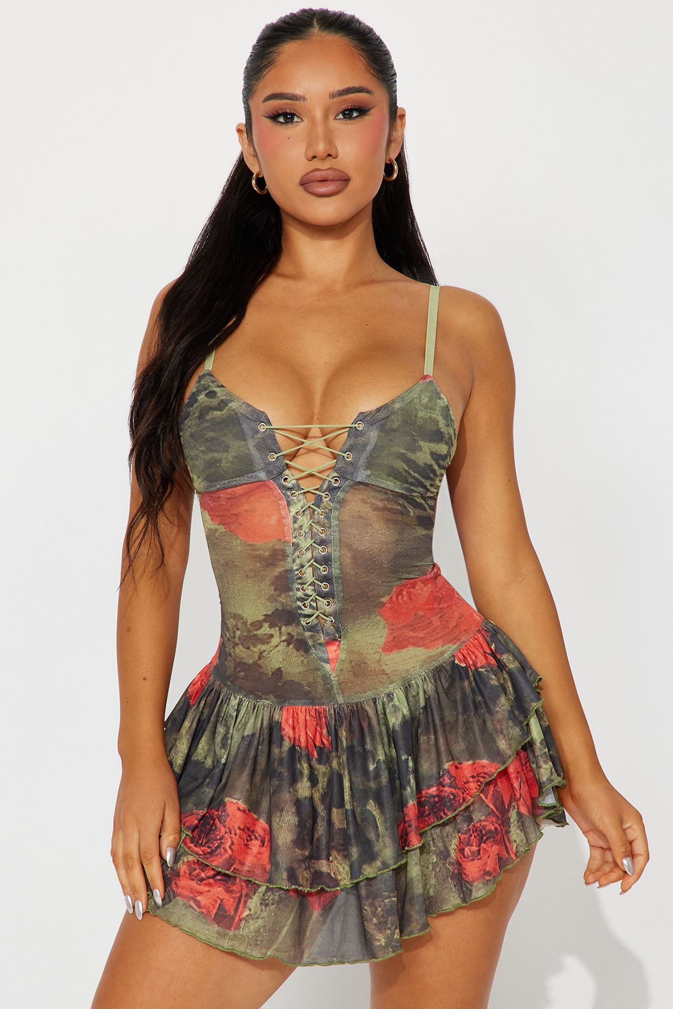 Waverly Lace Up Mesh Mini Dress - Green/combo
