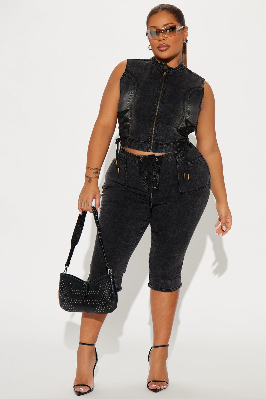 Leveled Up Lace Up Stretch Denim Capris - Black Wash