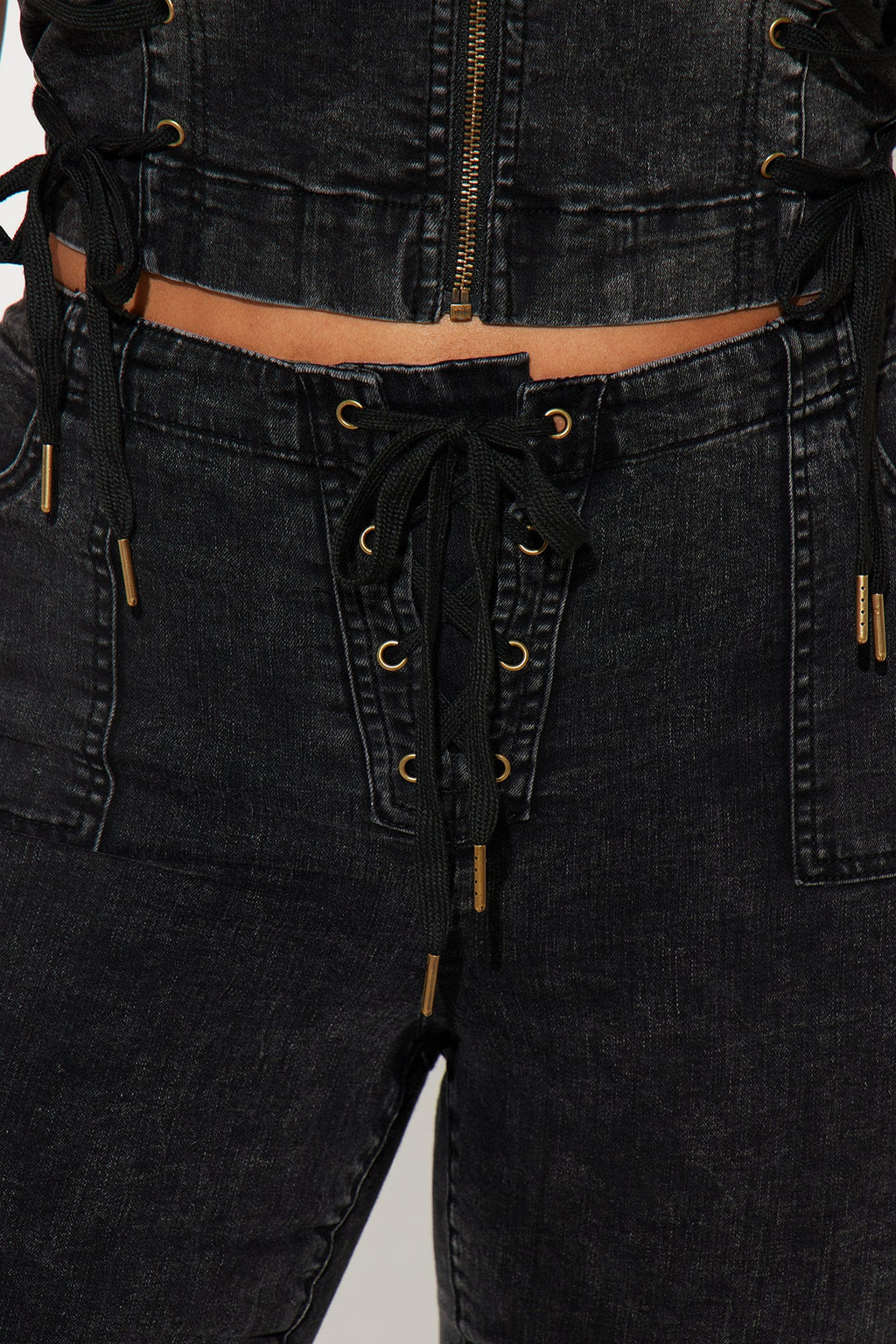 Leveled Up Lace Up Stretch Denim Capris - Black Wash