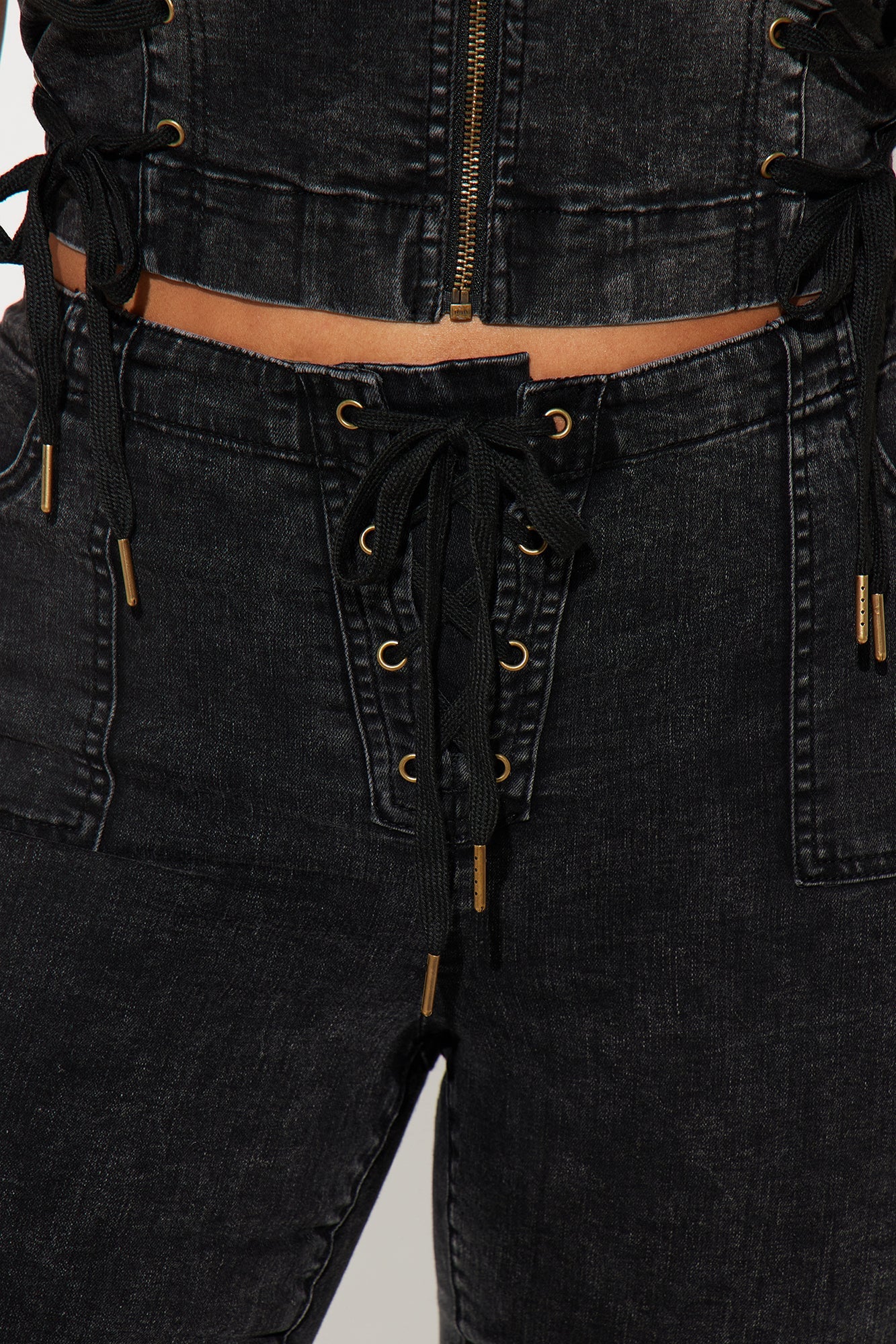 Leveled Up Lace Up Stretch Denim Capris - Black Wash