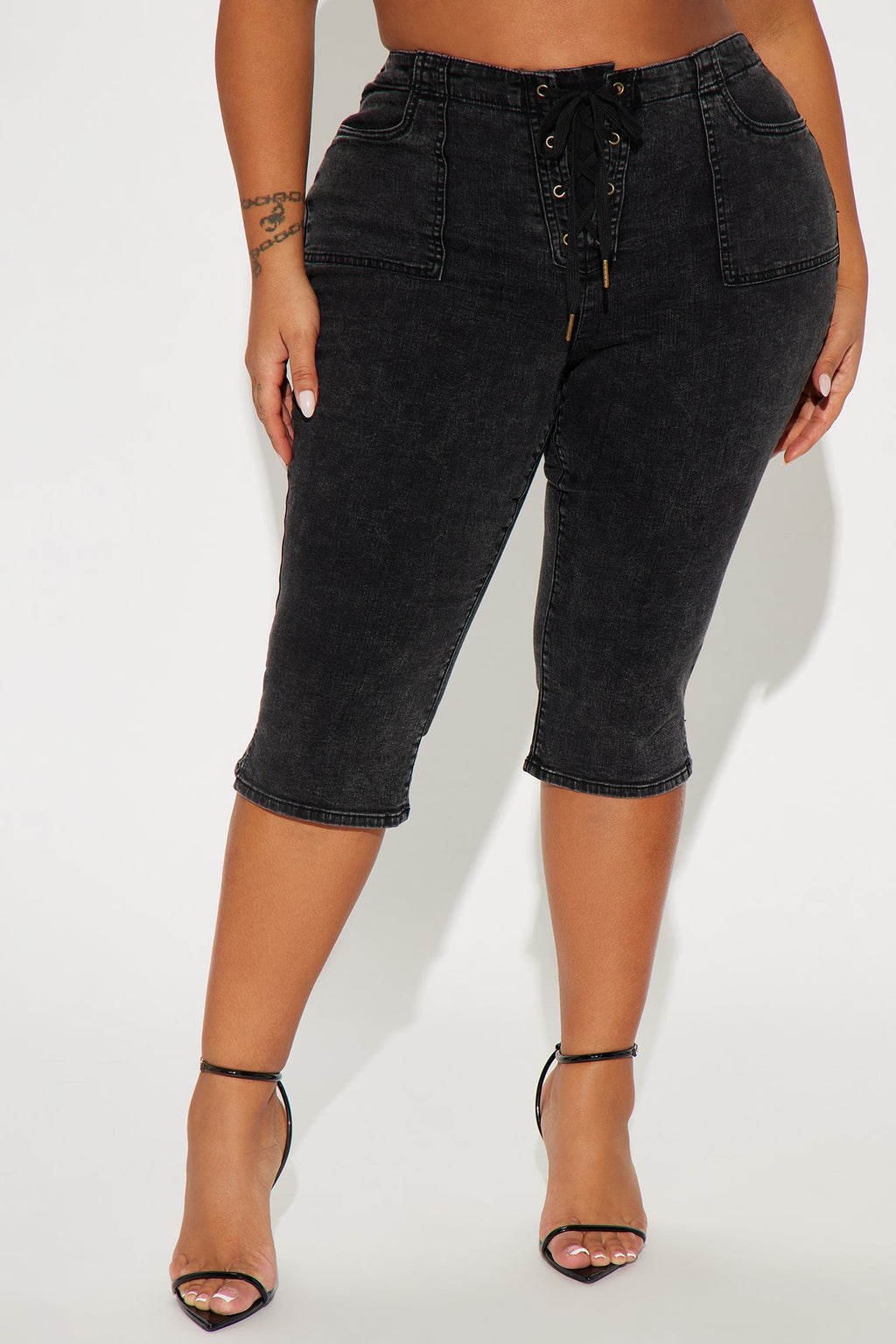 Leveled Up Lace Up Stretch Denim Capris - Black Wash