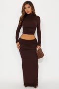 Sasha Ruched Fold Over Maxi Skirt Set - Brown