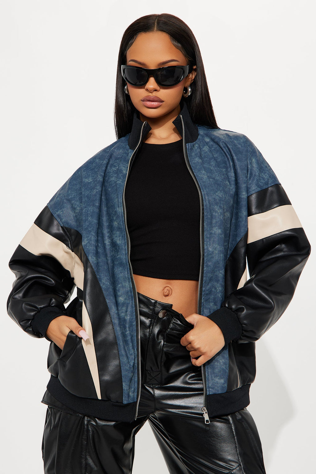 Jaded Oversized Faux Leather Bomber Jacket - Navy/combo