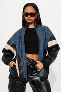 Jaded Oversized Faux Leather Bomber Jacket - Navy/combo