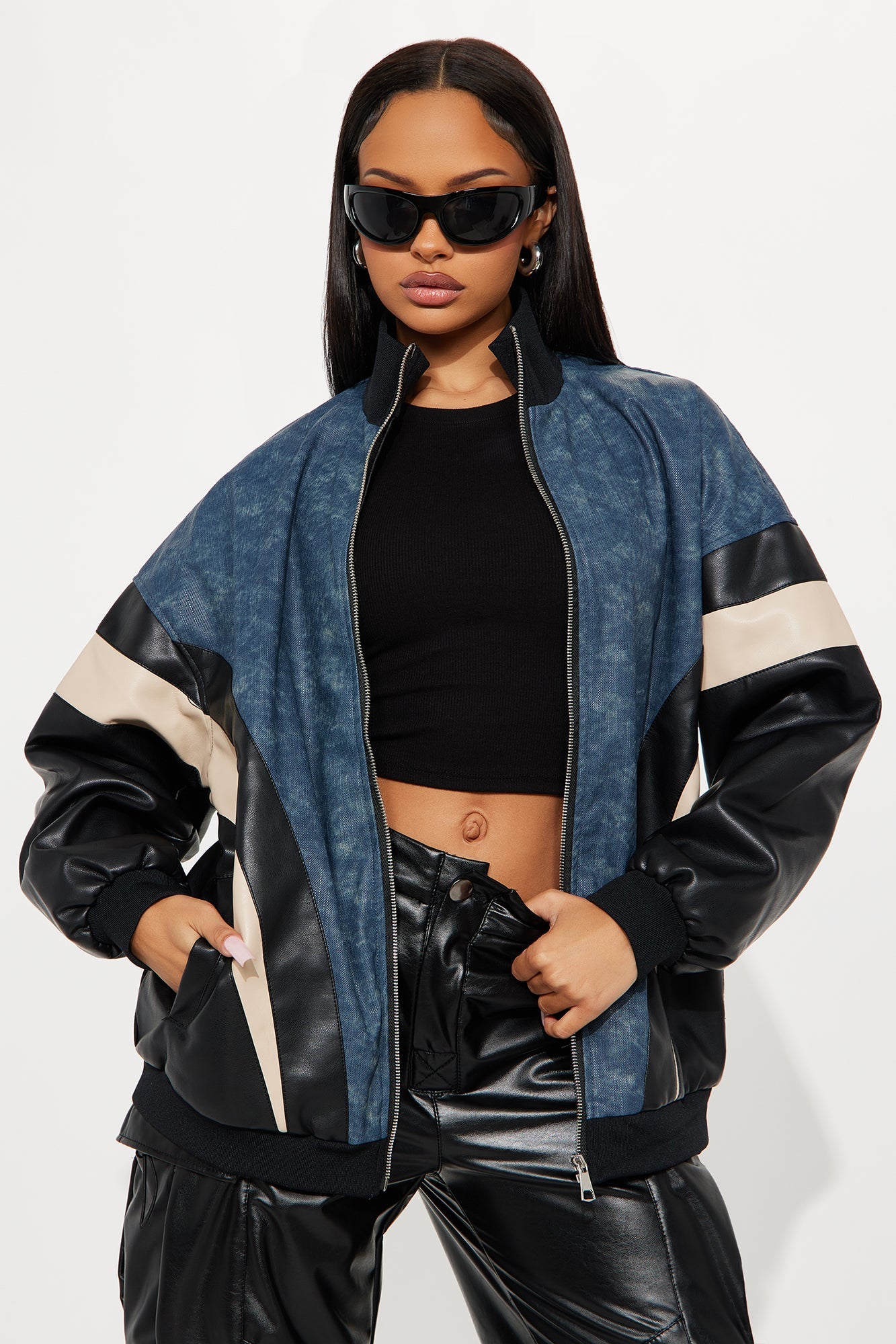 Jaded Oversized Faux Leather Bomber Jacket - Navy/combo