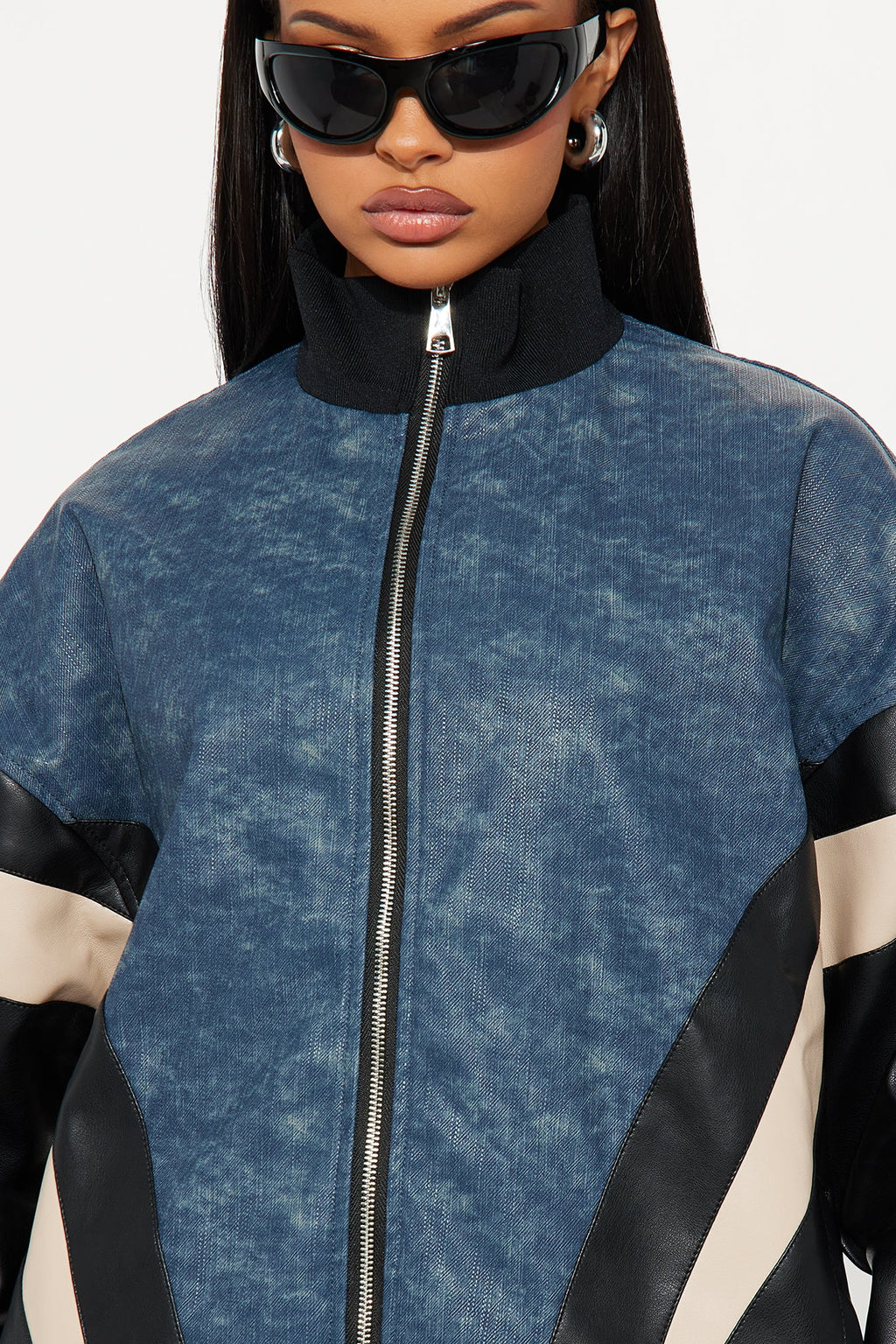 Jaded Oversized Faux Leather Bomber Jacket - Navy/combo