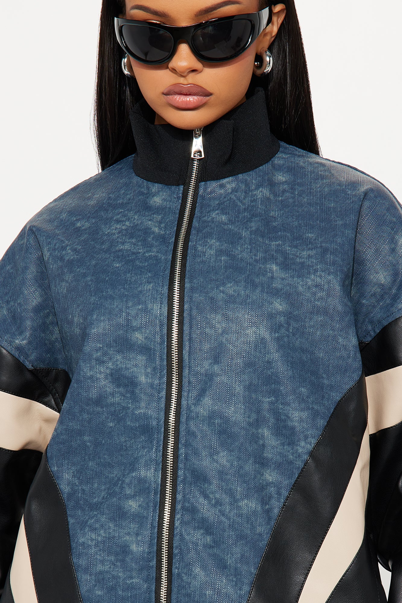 Jaded Oversized Faux Leather Bomber Jacket - Navy/combo