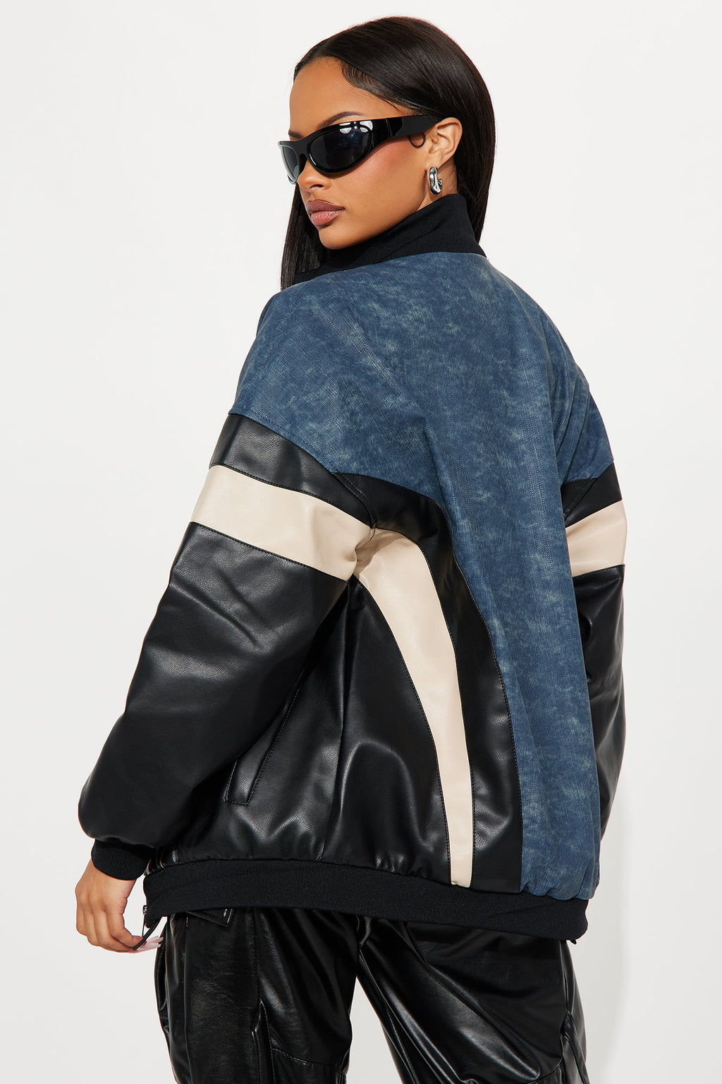 Jaded Oversized Faux Leather Bomber Jacket - Navy/combo