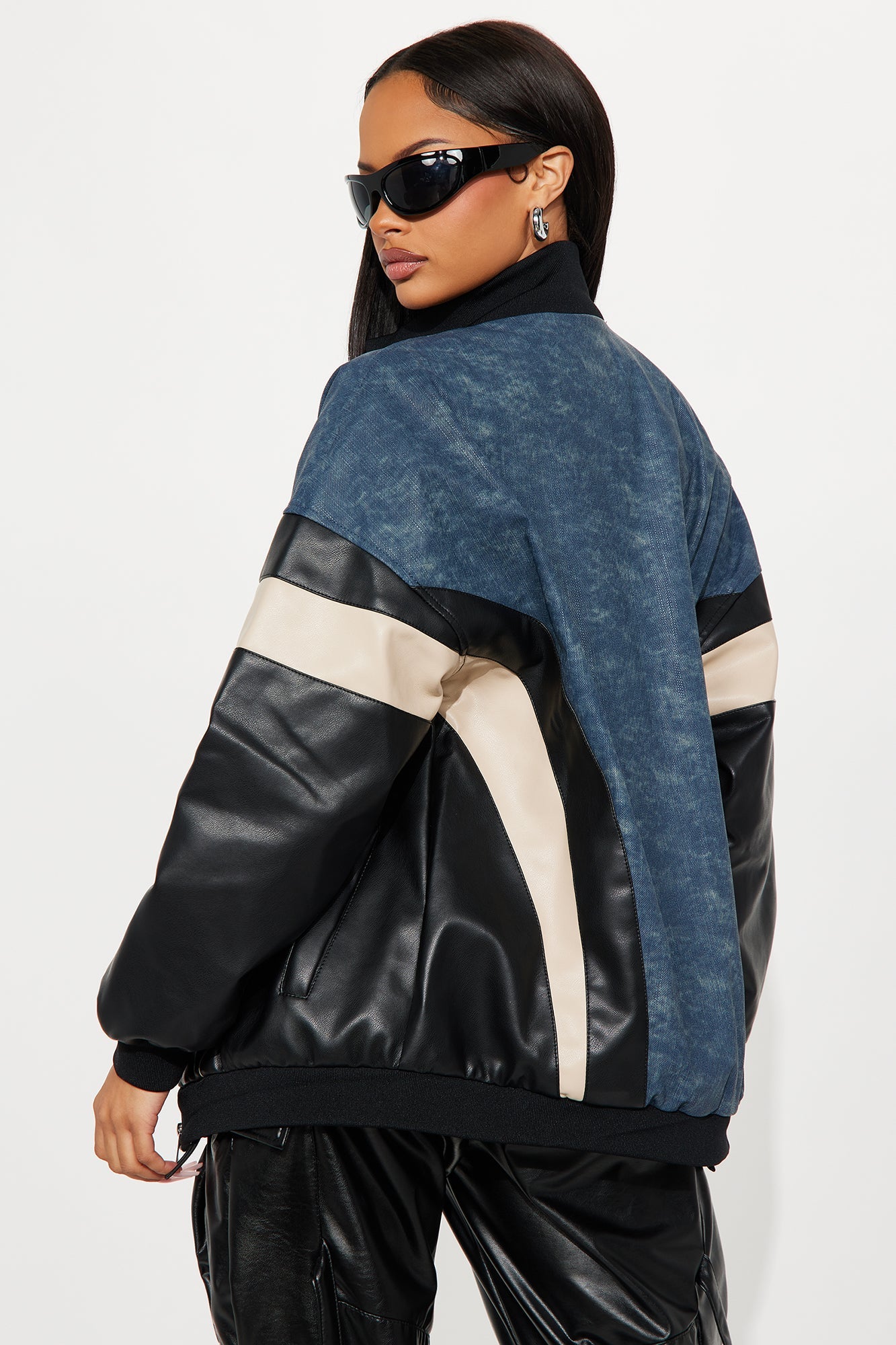 Jaded Oversized Faux Leather Bomber Jacket - Navy/combo