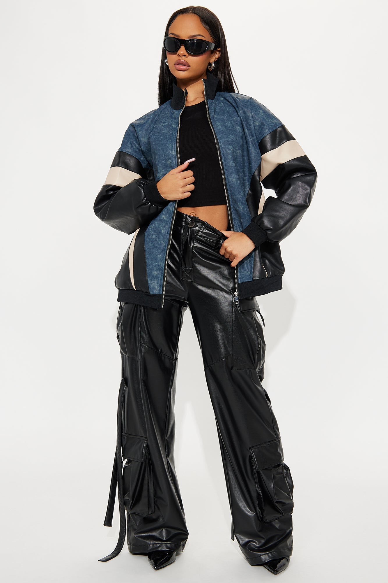 Jaded Oversized Faux Leather Bomber Jacket - Navy/combo