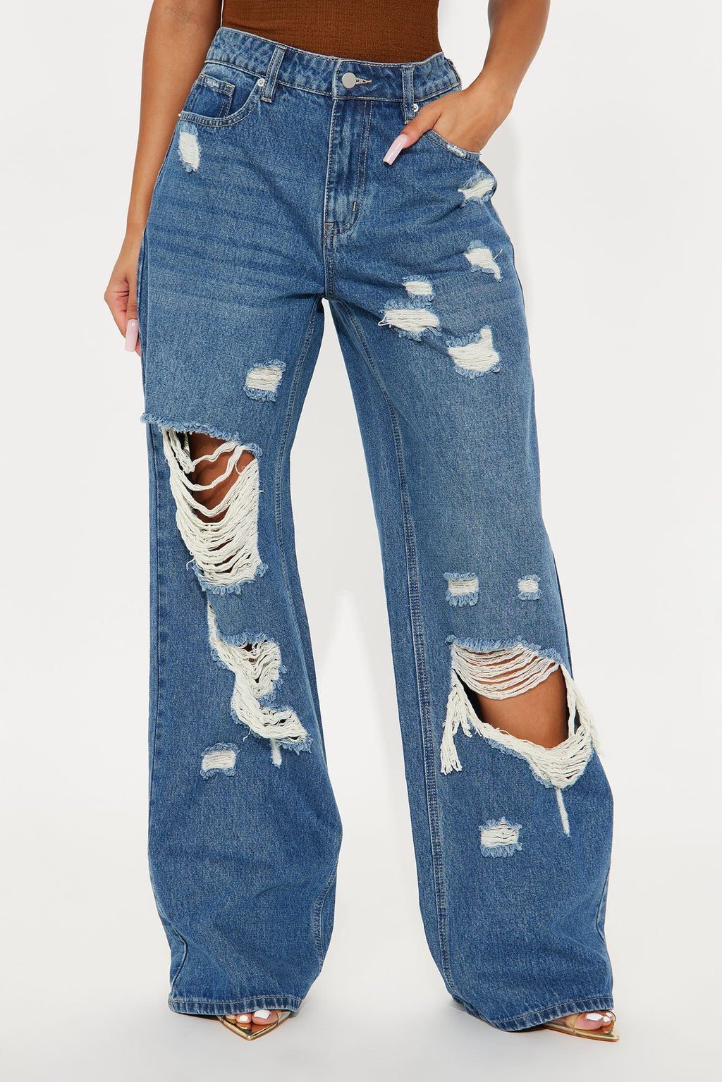 Wait For You Ripped Wide Leg Jeans - Medium Wash