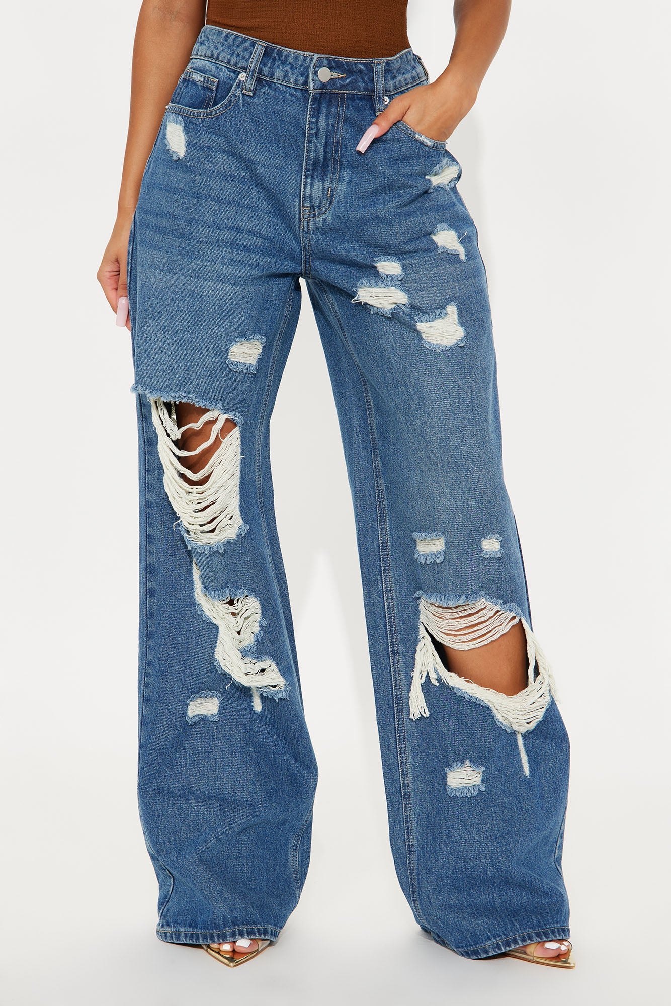 Wait For You Ripped Wide Leg Jeans - Medium Wash
