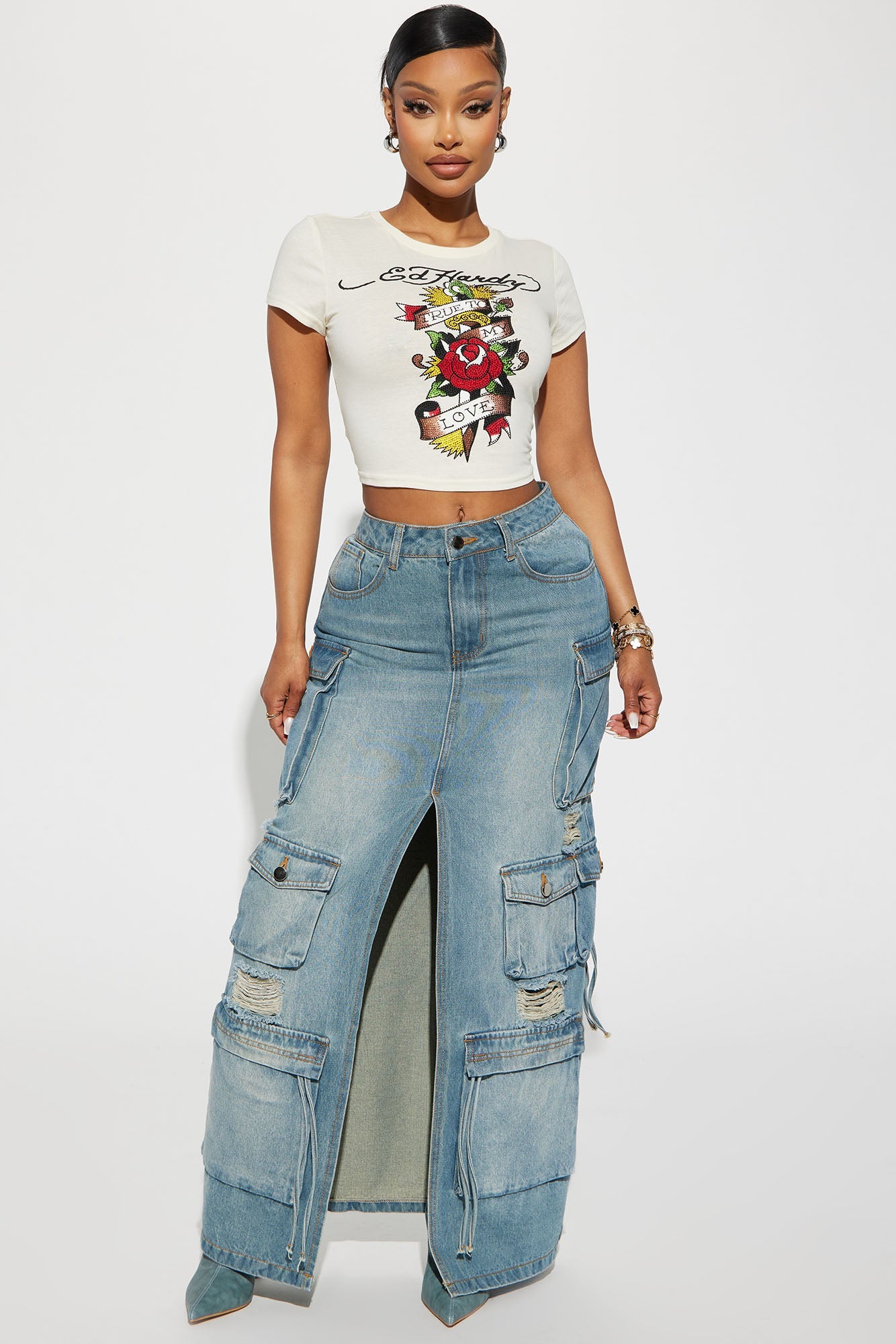 Out Of Town Cargo Denim Maxi Skirt - Medium Wash