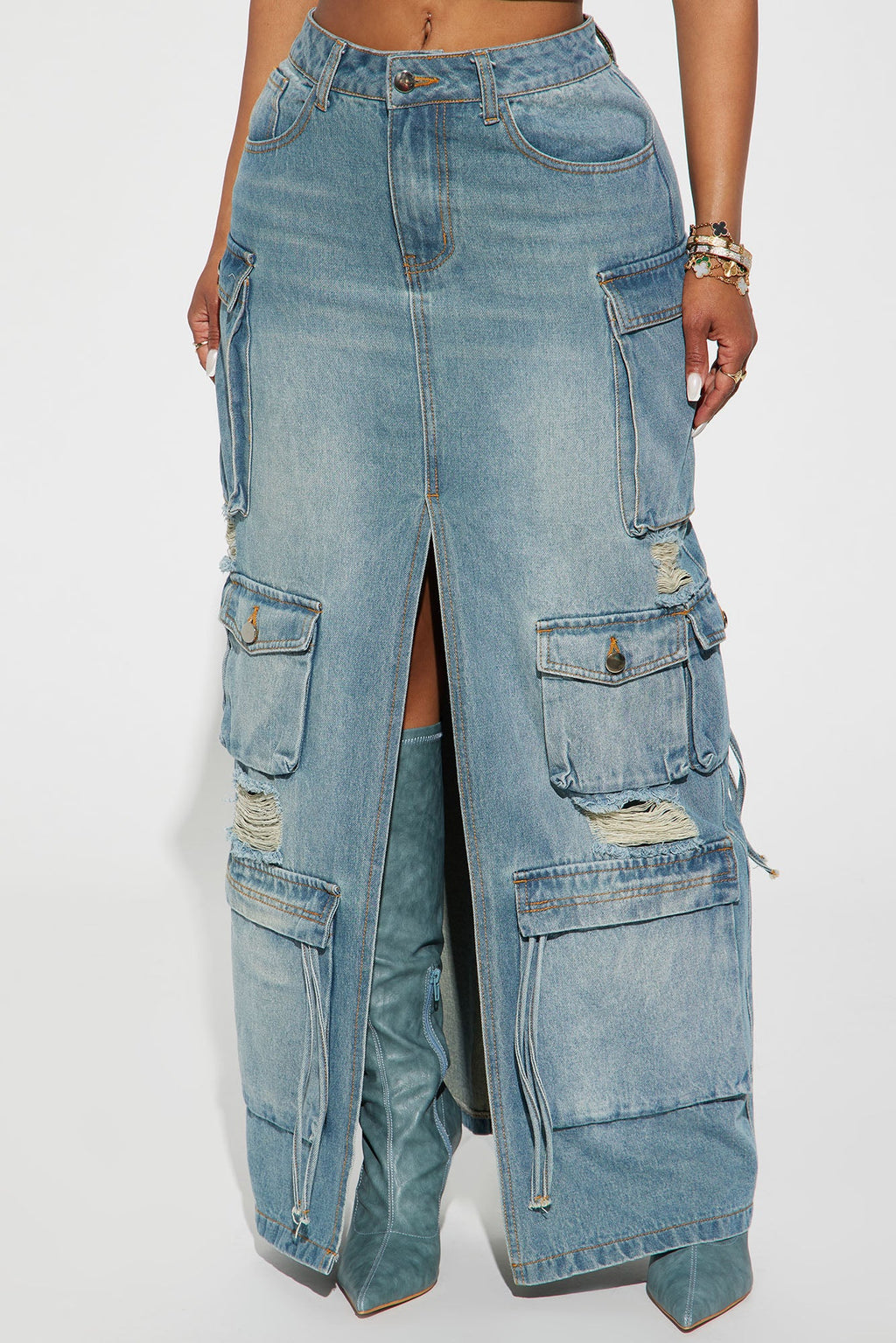 Out Of Town Cargo Denim Maxi Skirt - Medium Wash