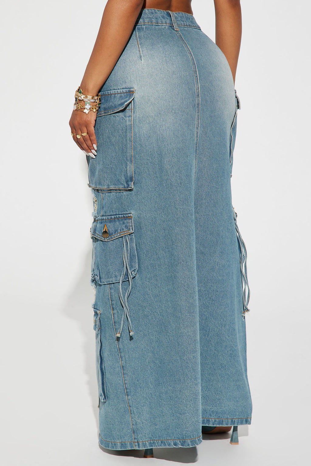Out Of Town Cargo Denim Maxi Skirt - Medium Wash