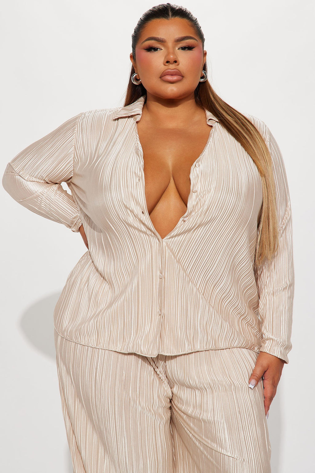 If It Plisse You Pant Set - Champagne