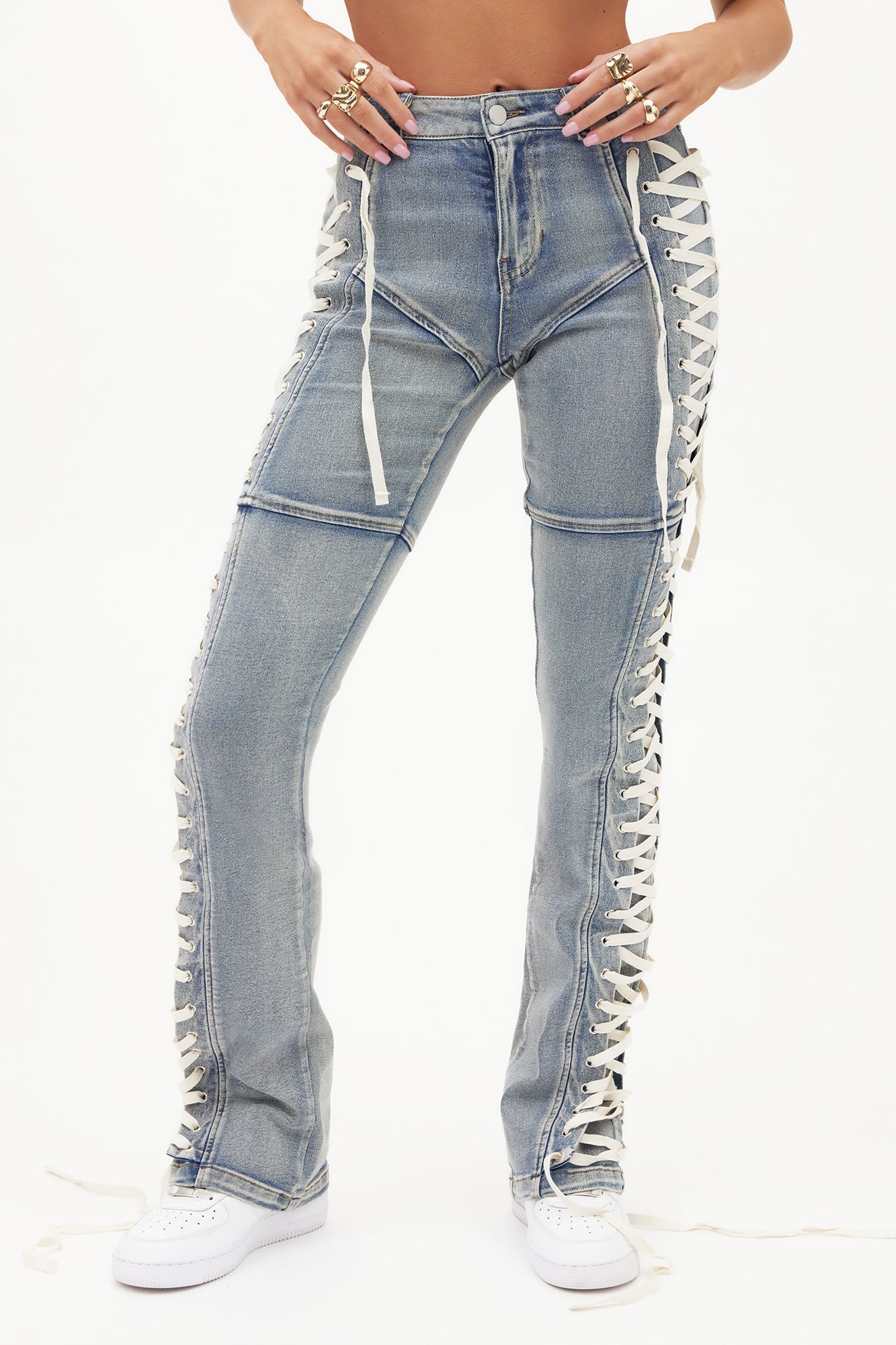 Jaw Dropper Stretch Lace Up Bootcut Jeans - Medium Wash