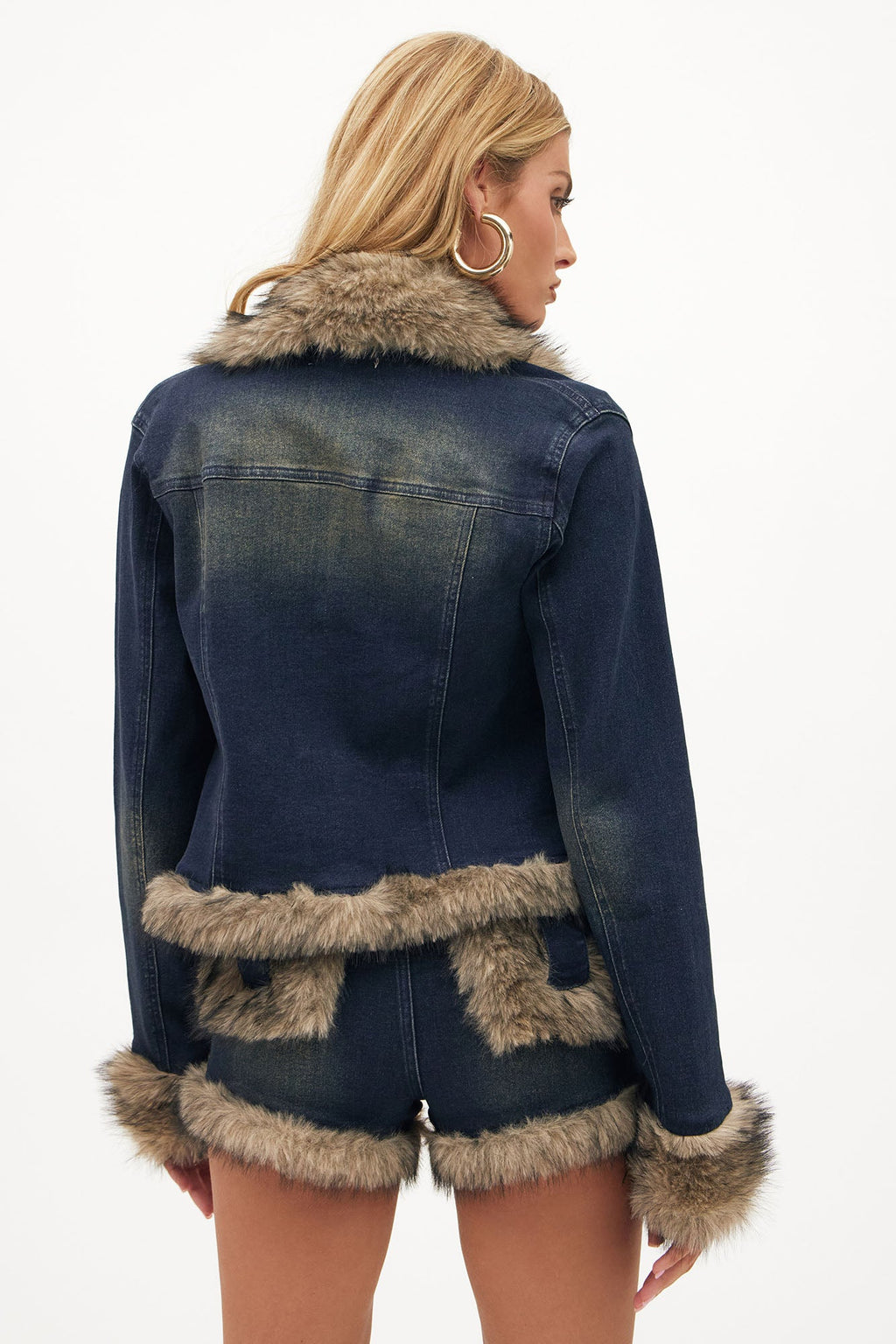 Chantel Faux Fur Trim Denim Jacket - Dark Wash