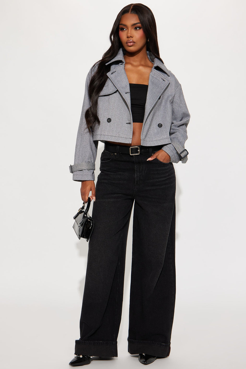 Preppy Chic Plaid Cropped Trench Coat - Black