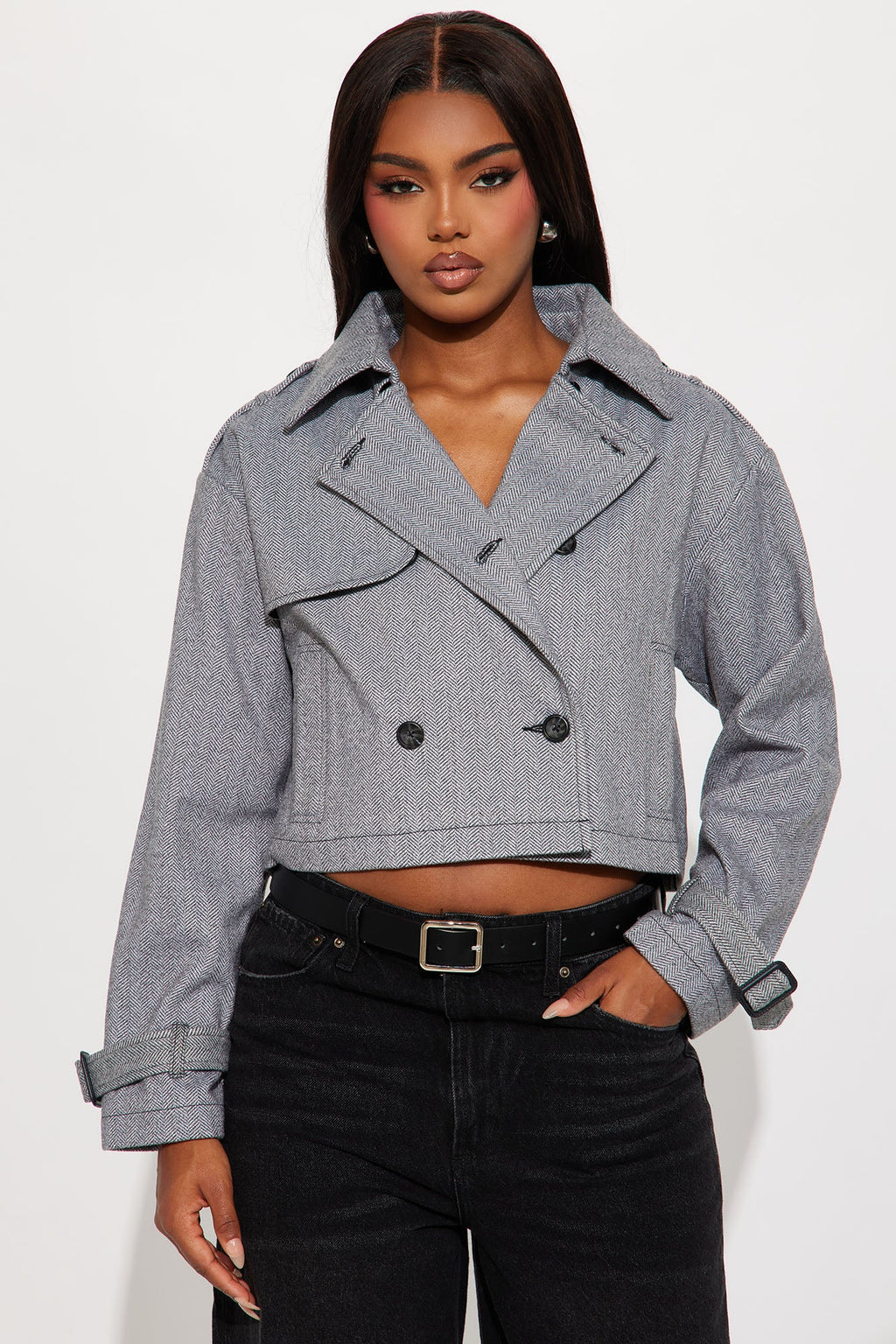 Preppy Chic Plaid Cropped Trench Coat - Black